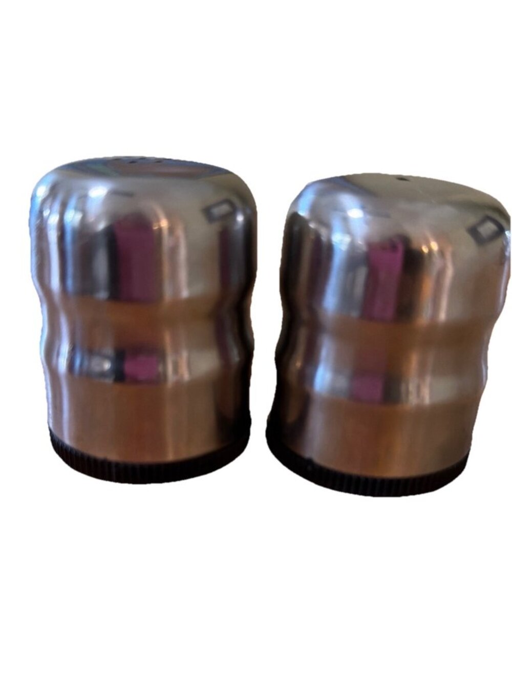 VINTAGE STAINLESS STEEL Salt & Pepper Shakers 2in Excellent Made In Hong Kong